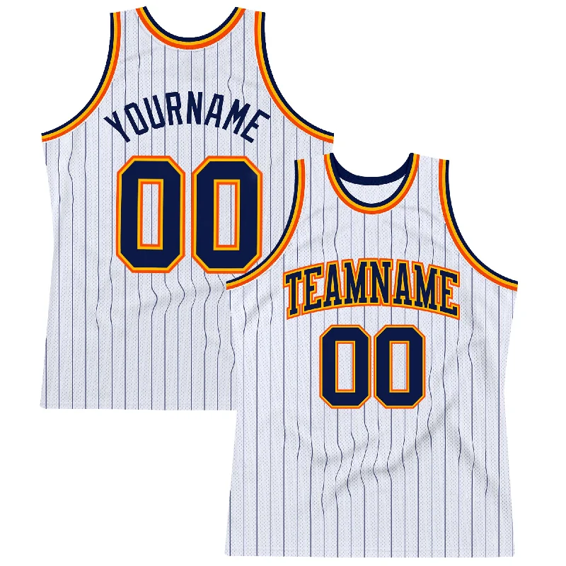 Basketball Jersey With Screen-Printed Graphics-Custom White Navy Pinstripe Navy Gold-Orange Authentic Basketball Jersey