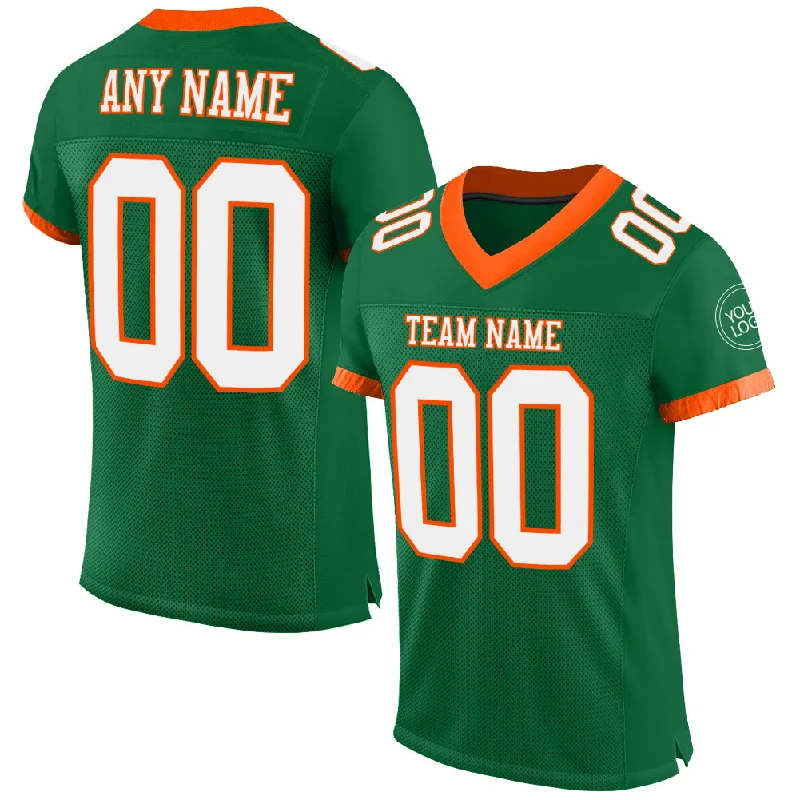 Football Jersey With Reinforced Seams-Custom Kelly Green White-Orange Mesh Authentic Football Jersey