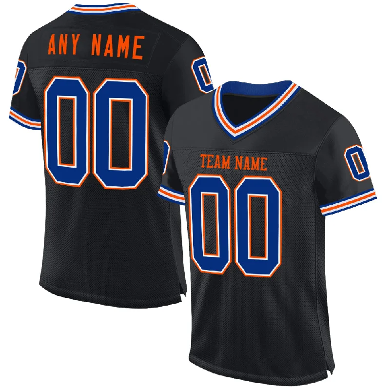 Football Jersey With Custom Artwork-Custom Black Royal-Orange Mesh Authentic Throwback Football Jersey