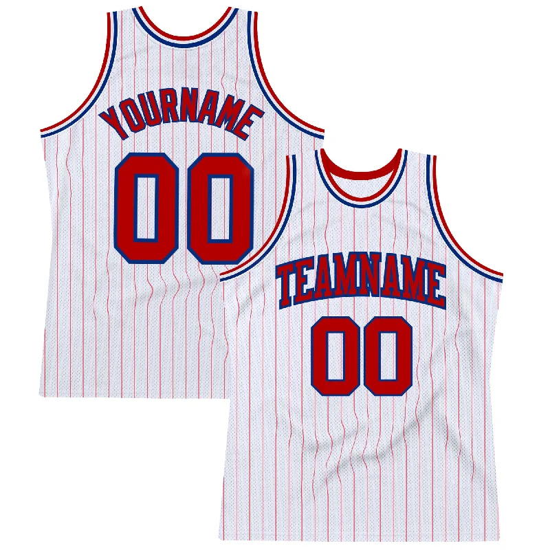 Basketball Jersey With Moisture-Wicking Tech-Custom White Red Pinstripe Red-Royal Authentic Basketball Jersey