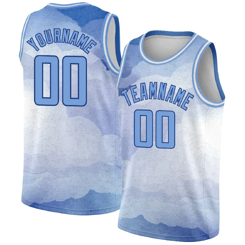 Basketball Jersey With All-Star Game Edition-Custom White Light Blue-Royal 3D Pattern Design Sky With Clouds Watercolor Style Authentic Basketball Jersey