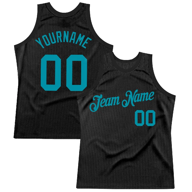 Basketball Jersey With Metallic Foil Details-Custom Black Teal Authentic Throwback Basketball Jersey