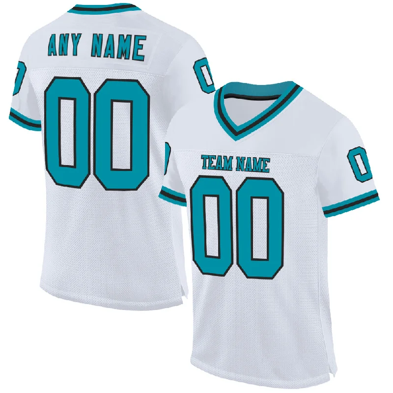 Football Jersey With Motion-Flex Tech-Custom White Teal-Black Mesh Authentic Throwback Football Jersey