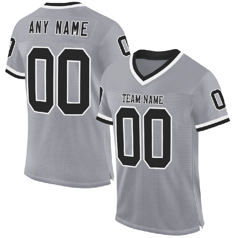 Football Jersey With Heat-Pressed Graphics-Custom Gray Black-White Mesh Authentic Throwback Football Jersey