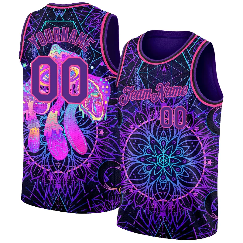 Basketball Jersey For Short Players-Custom Purple Pink 3D Pattern Design Magic Mushrooms Over Sacred Geometry Psychedelic Hallucination Authentic Basketball Jersey