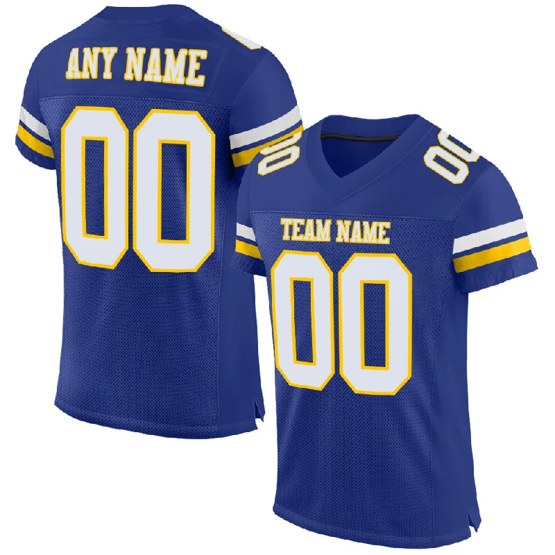 Football Jersey With Extended Length-Custom Royal White-Yellow Mesh Authentic Football Jersey