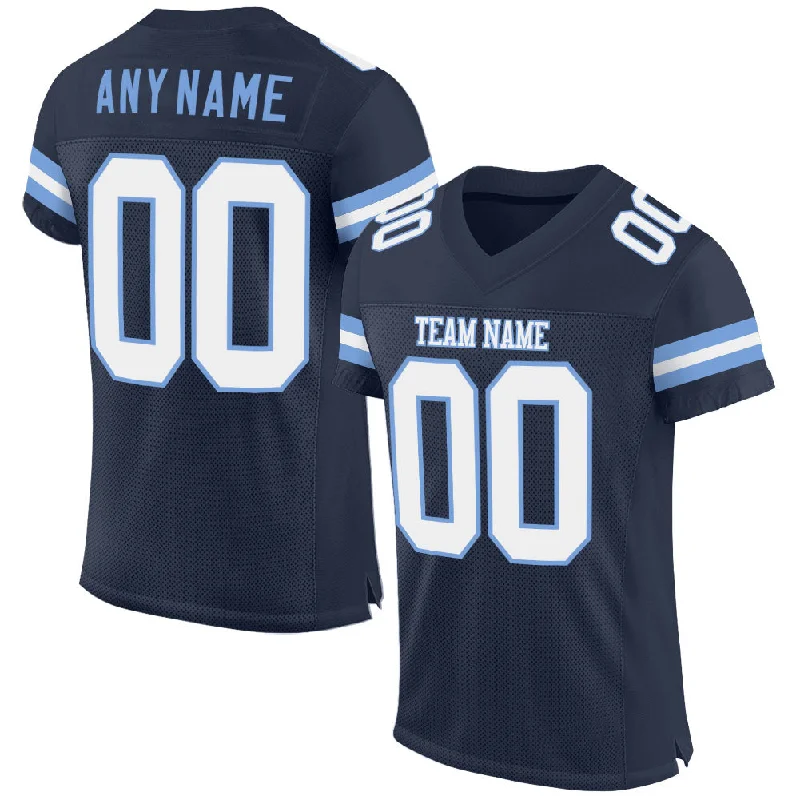 Football Jersey For Game Day-Custom Navy White-Light Blue Mesh Authentic Football Jersey