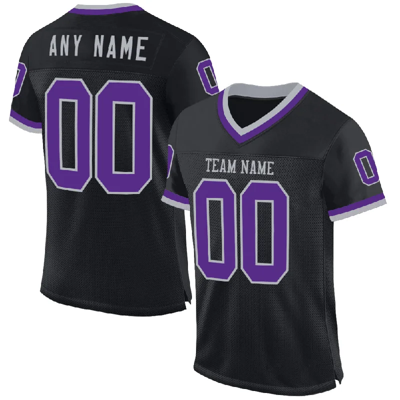 Football Jersey With Motion-Flex Tech-Custom Black Purple-Gray Mesh Authentic Throwback Football Jersey