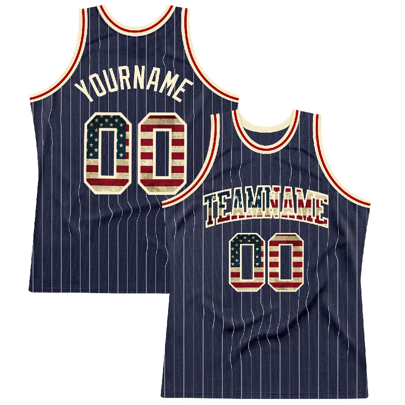 Basketball Jersey For Training-Custom Navy White Pinstripe Vintage USA Flag Cream-Red Authentic Basketball Jersey