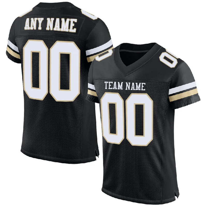 Football Jersey With Motion-Flex Tech-Custom Black White-Vegas Gold Mesh Authentic Football Jersey