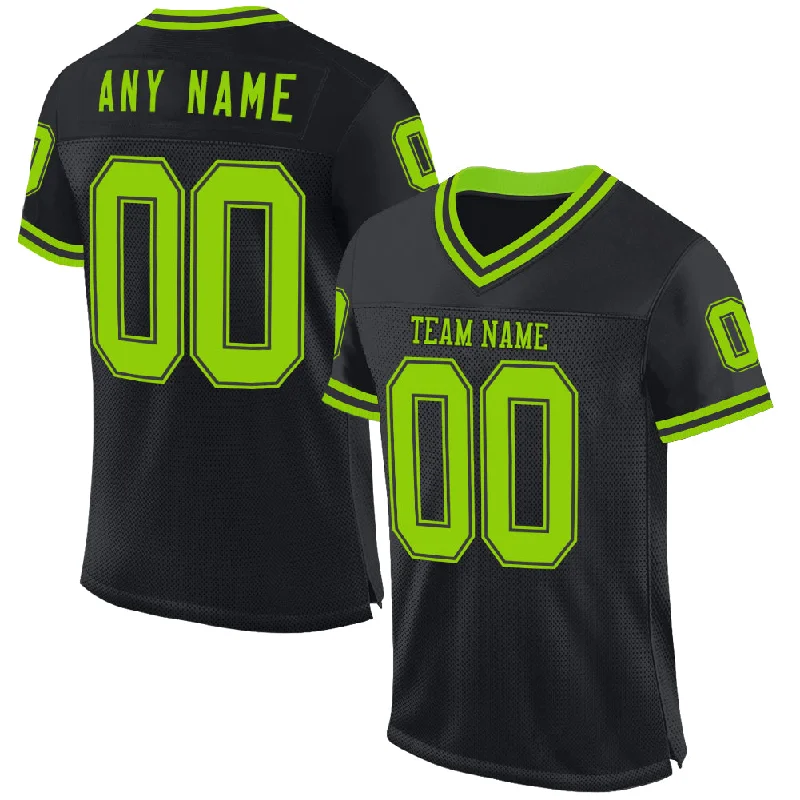 Football Jersey With Team Logo-Custom Black Neon Green Mesh Authentic Throwback Football Jersey