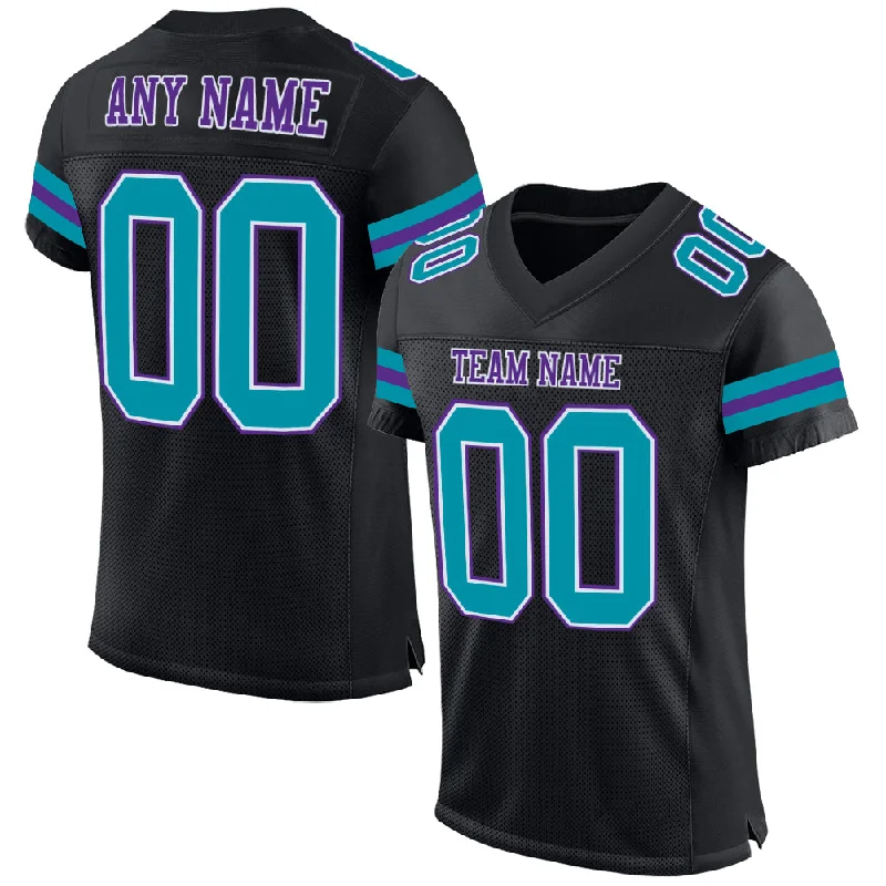 Football Jersey With Zip Closure-Custom Black Teal-Purple Mesh Authentic Football Jersey