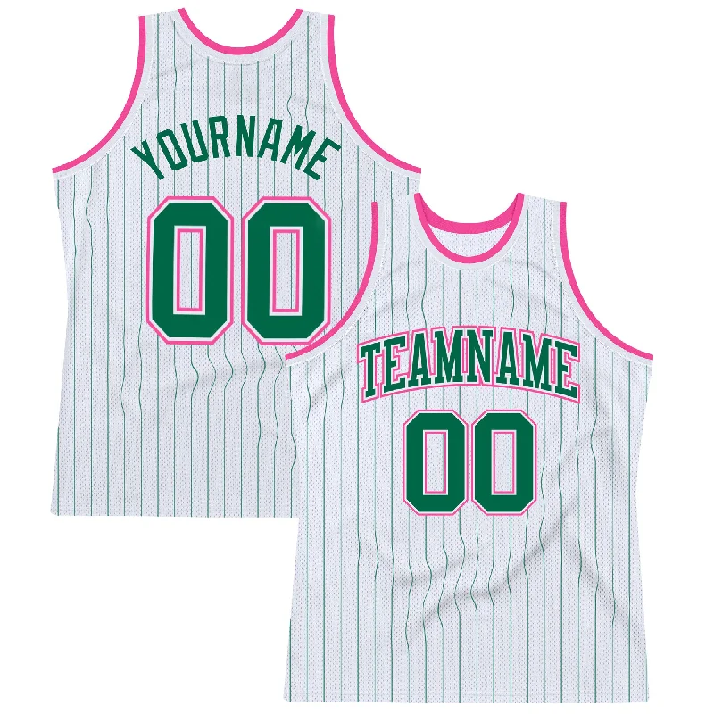 Basketball Jersey With V-Neck Collar-Custom White Kelly Green Pinstripe Kelly Green-Pink Authentic Basketball Jersey