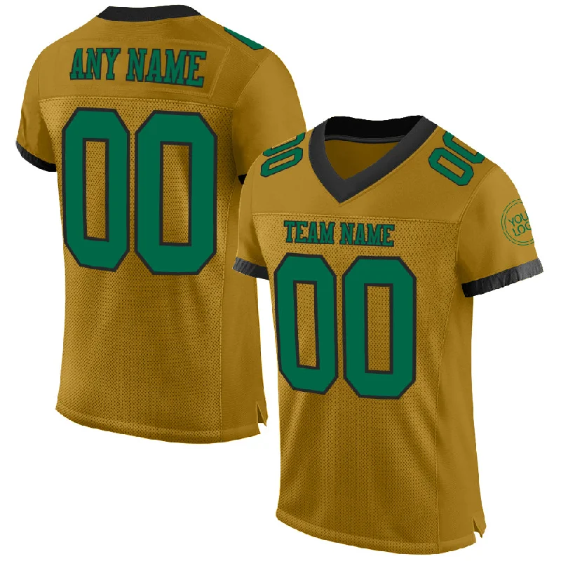 Football Jersey With Fade-Resistant Print-Custom Old Gold Kelly Green-Black Mesh Authentic Football Jersey