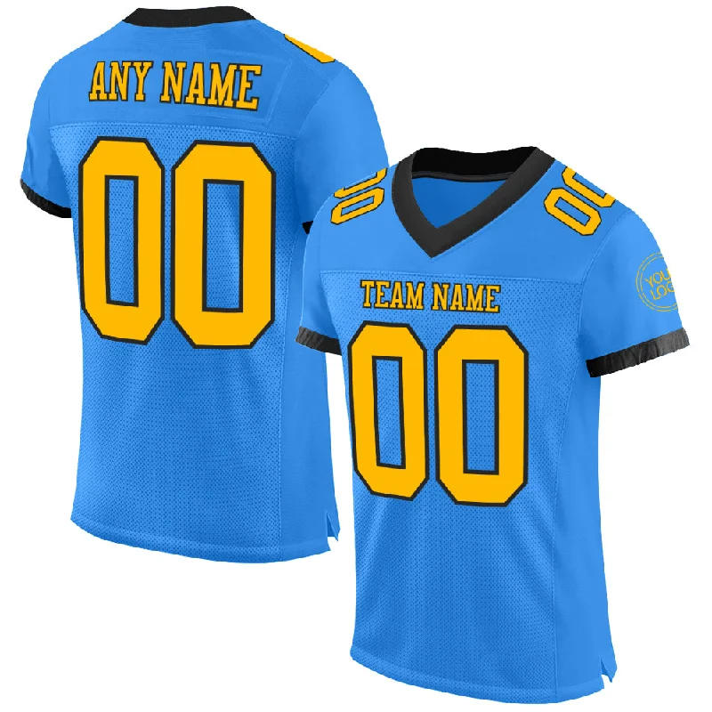 Football Jersey With Glow-In-The-Dark Print-Custom Powder Blue Gold-Black Mesh Authentic Football Jersey