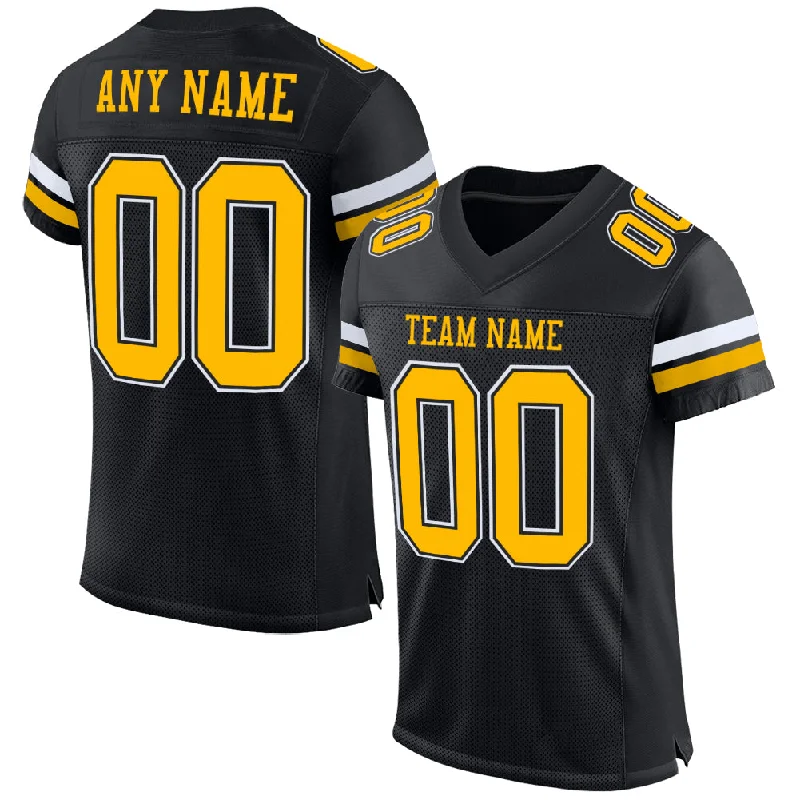 Football Jersey With Stripes-Custom Black Gold-White Mesh Authentic Football Jersey