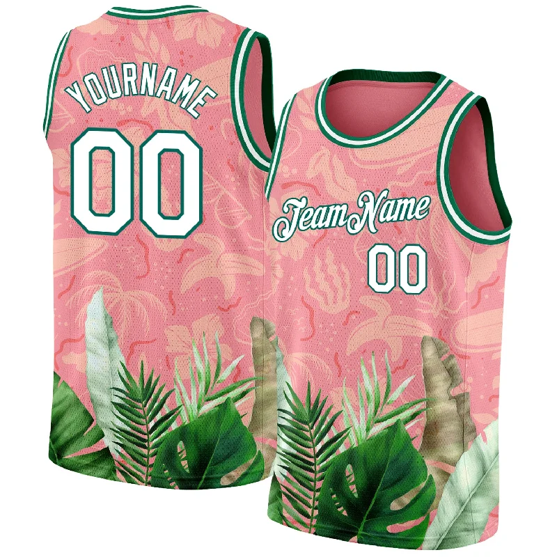 Basketball Jersey With Streetball Theme-Custom Medium Pink White-Kelly Green 3D Pattern Tropical Hawaii Leaves Authentic Basketball Jersey