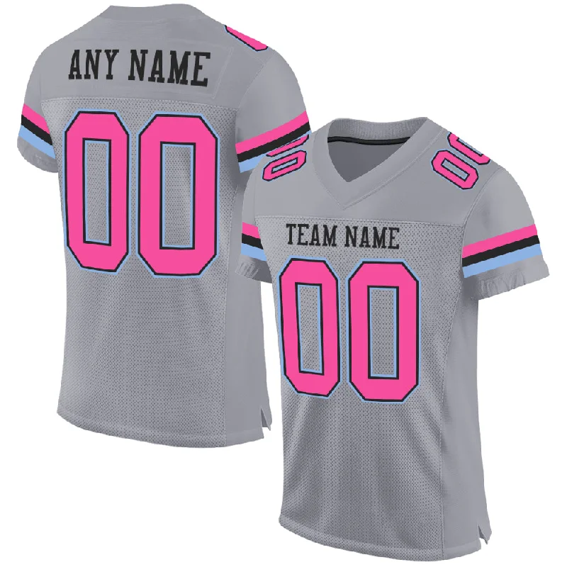 Football Jersey With Comic Book Graphics-Custom Gray Pink Black-Light Blue Mesh Authentic Football Jersey