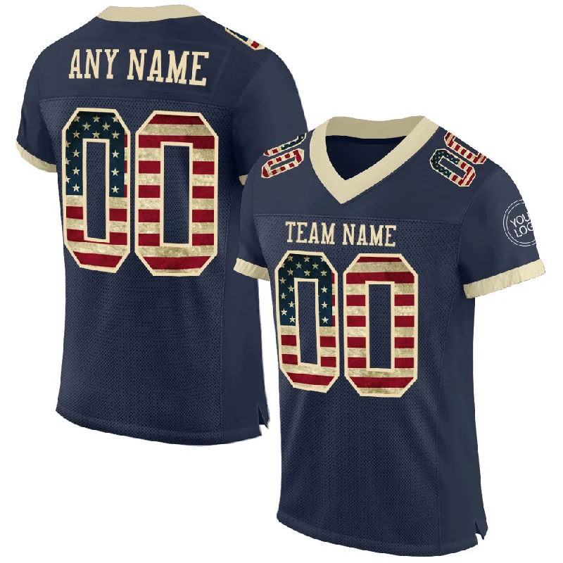 Football Jersey With Color Block Pattern-Custom Navy Vintage USA Flag-Cream Mesh Authentic Football Jersey