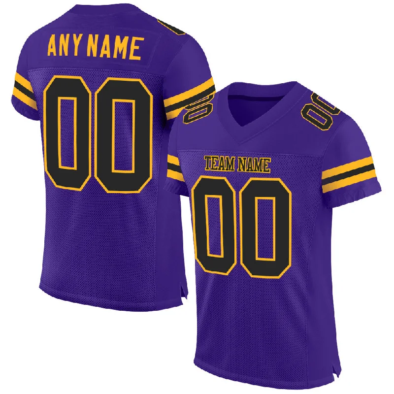 Football Jersey With Shock-Absorbing Padding-Custom Purple Black-Gold Mesh Authentic Football Jersey