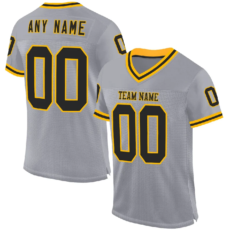 Football Jersey With Patches-Custom Gray Black-Gold Mesh Authentic Throwback Football Jersey