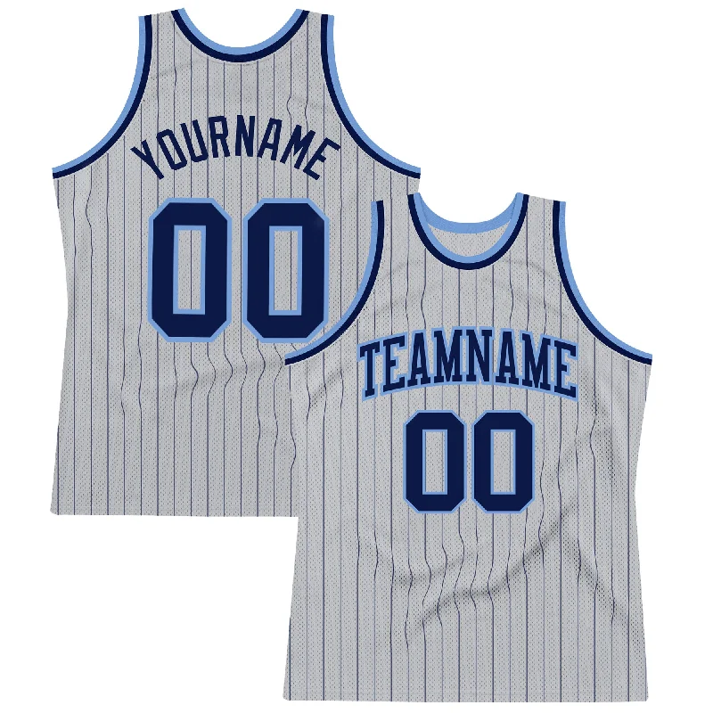 Basketball Jersey With High School Team Logos-Custom Gray Navy Pinstripe Navy-Light Blue Authentic Basketball Jersey