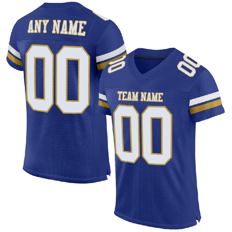 Football Jersey With Player Tribute-Custom Royal White-Old Gold Mesh Authentic Football Jersey