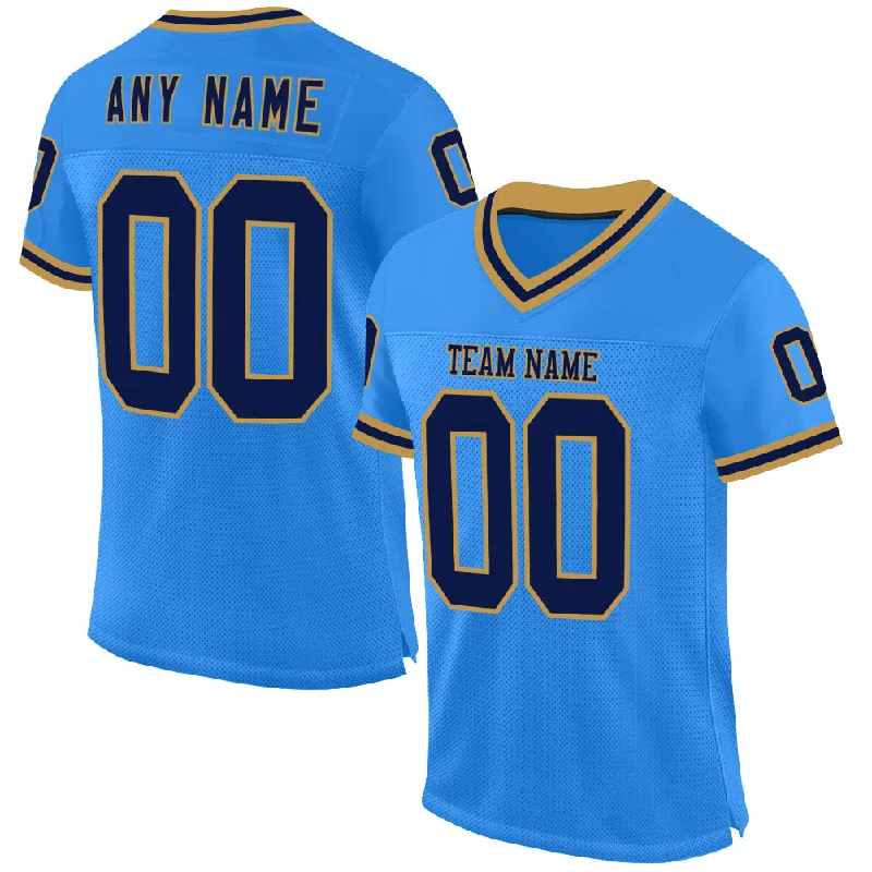 Football Jersey With High-Tech Material-Custom Powder Blue Navy-Old Gold Mesh Authentic Throwback Football Jersey