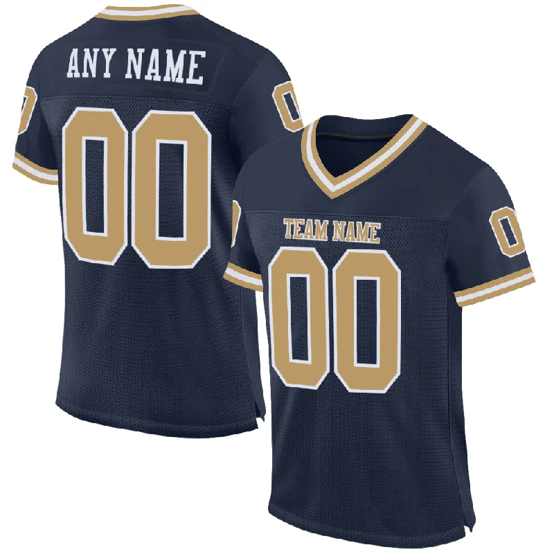 Football Jersey With Tribal Designs-Custom Navy Old Gold-White Mesh Authentic Throwback Football Jersey