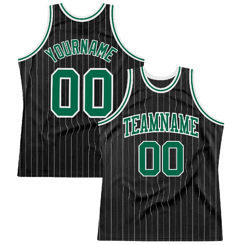 Basketball Jersey With Matching Shorts-Custom Black White Pinstripe Kelly Green-White Authentic Basketball Jersey