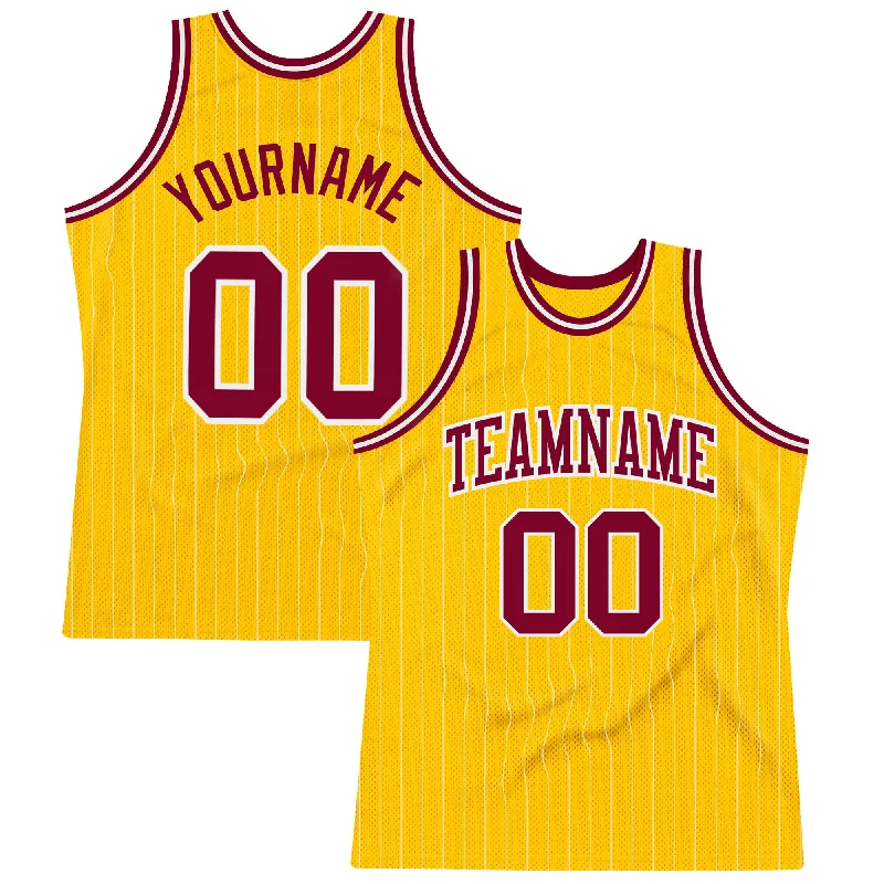 Basketball Jersey For Point Guards-Custom Gold White Pinstripe Maroon Authentic Basketball Jersey