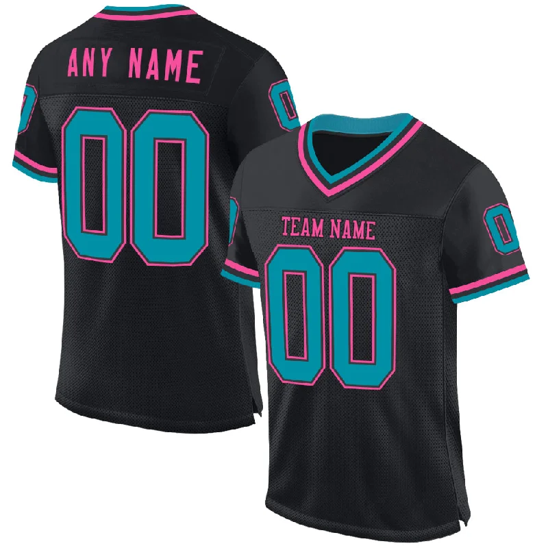 Football Jersey With Oversized Fit-Custom Black Teal-Pink Mesh Authentic Throwback Football Jersey