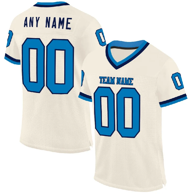 Football Jersey With Elastic Armholes-Custom Cream Blue-Navy Mesh Authentic Throwback Football Jersey