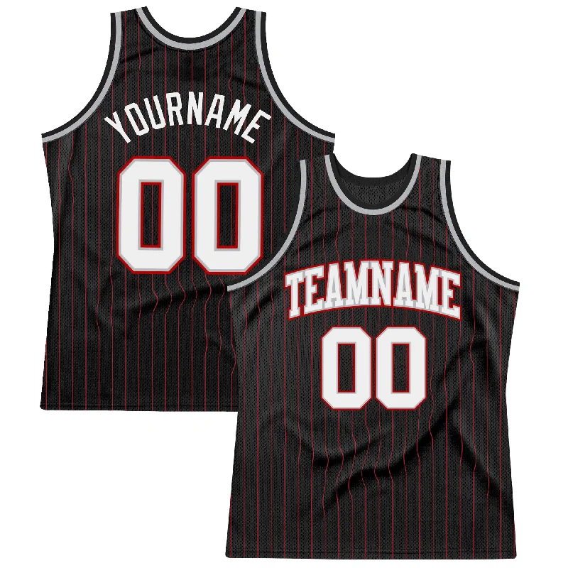 Basketball Jersey With Sublimated Print-Custom Black Red Pinstripe White Gray-Red Authentic Basketball Jersey