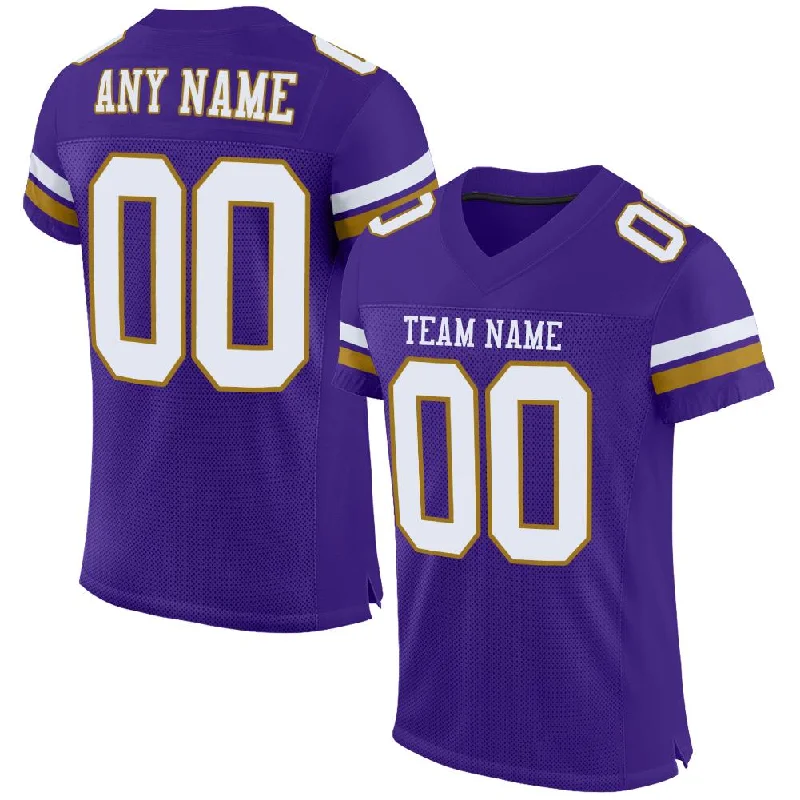 Football Jersey With Button-Up Style-Custom Purple White-Old Gold Mesh Authentic Football Jersey