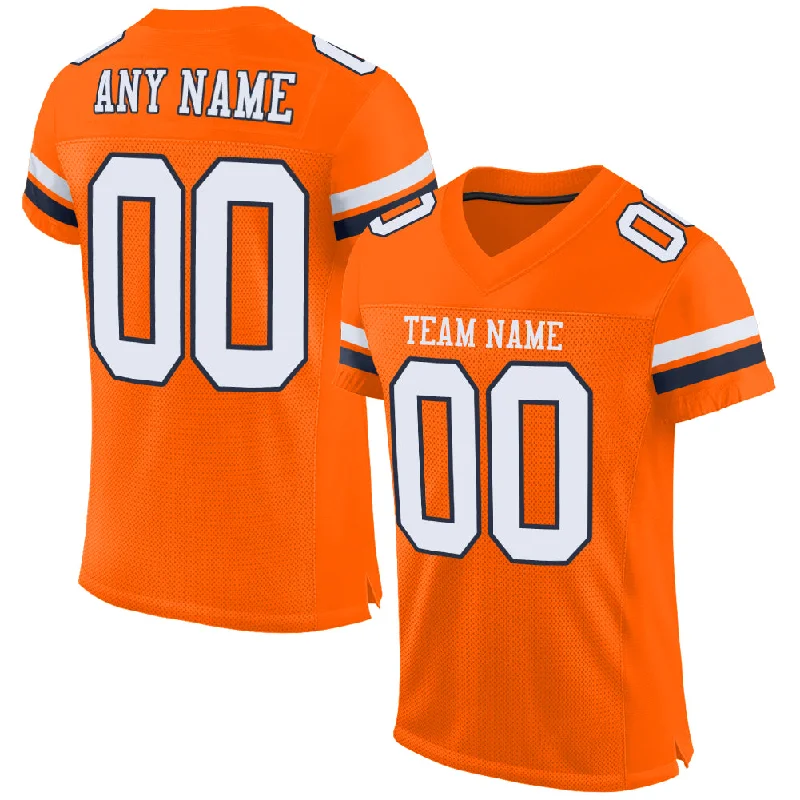 Football Jersey With Stretchable Fabric-Custom Orange White-Navy Mesh Authentic Football Jersey