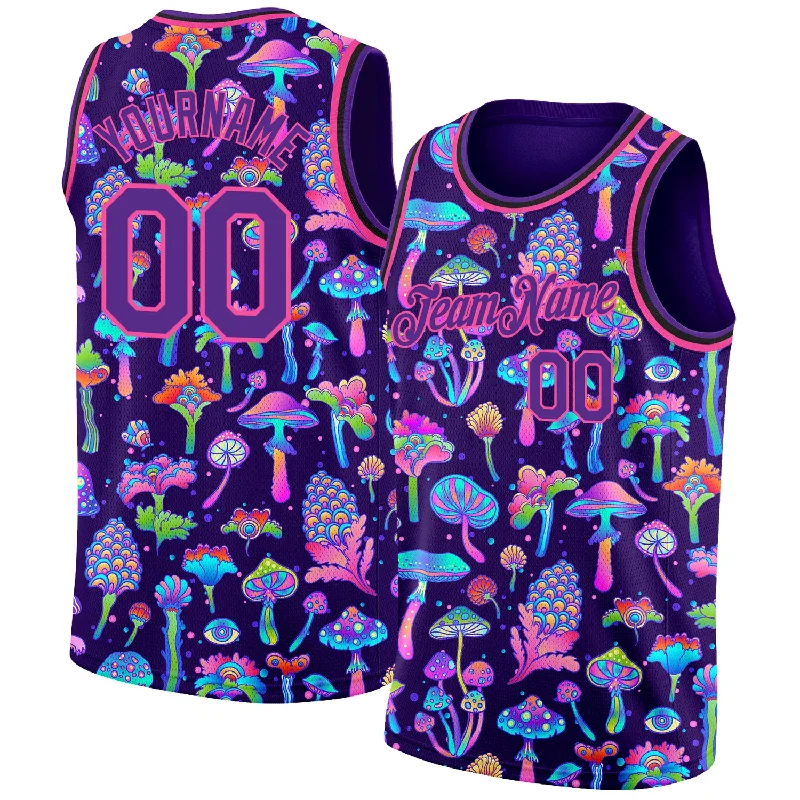 Basketball Jersey With Matching Shorts-Custom Purple Pink 3D Pattern Design Flowers And Mushrooms Psychedelic Hallucination Authentic Basketball Jersey