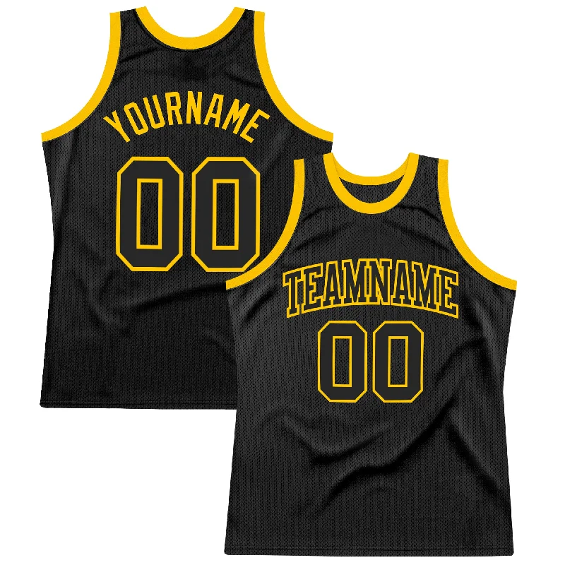 Basketball Jersey For Centers-Custom Black Black-Gold Authentic Throwback Basketball Jersey