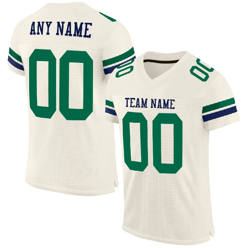 Football Jersey With Gold Accents-Custom Cream Kelly Green-Navy Mesh Authentic Football Jersey