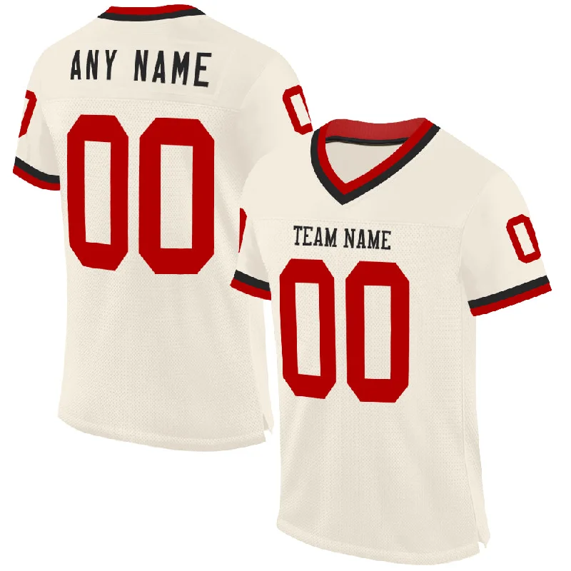 Football Jersey With Ultra-Lightweight Feel-Custom Cream Red-Black Mesh Authentic Throwback Football Jersey