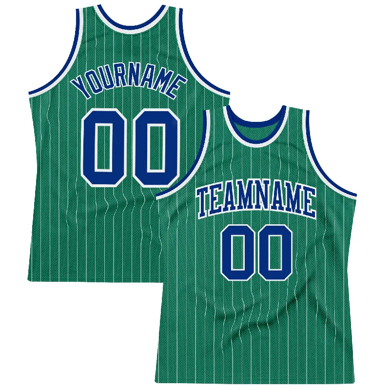 Basketball Jersey With Elastic Armholes-Custom Kelly Green White Pinstripe Royal Authentic Basketball Jersey