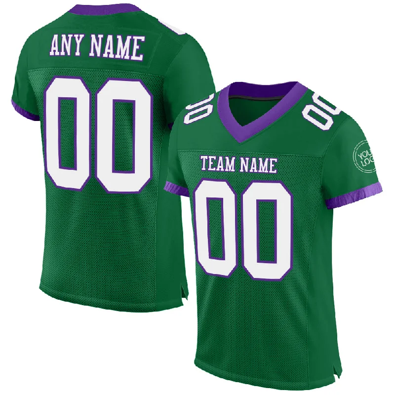 Football Jersey With Ribbed Sleeves-Custom Kelly Green White-Purple Mesh Authentic Football Jersey