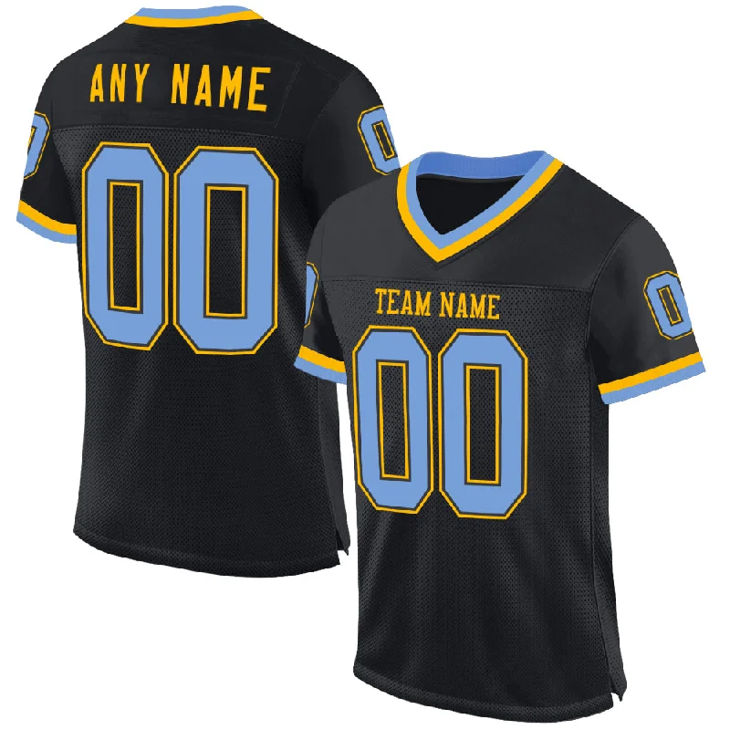 Football Jersey For Outdoor Play-Custom Black Light Blue-Gold Mesh Authentic Throwback Football Jersey