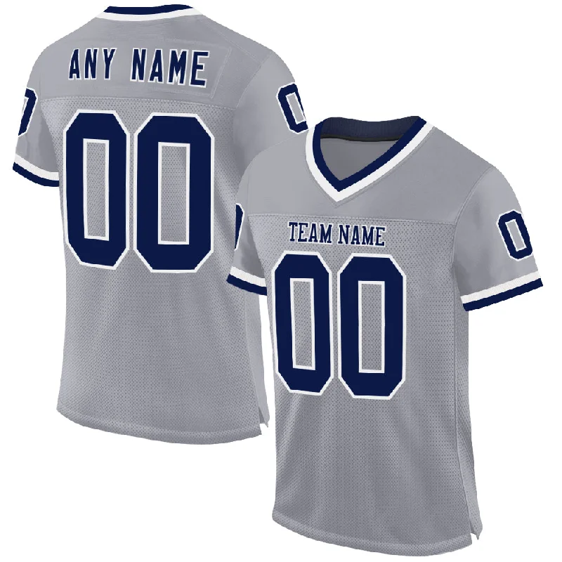 Football Jersey With Performance Fabric-Custom Gray Navy-White Mesh Authentic Throwback Football Jersey