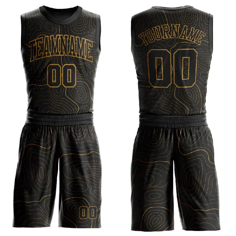 Basketball Jersey With Gold Accents-Custom Black Old Gold Round Neck Sublimation Basketball Suit Jersey