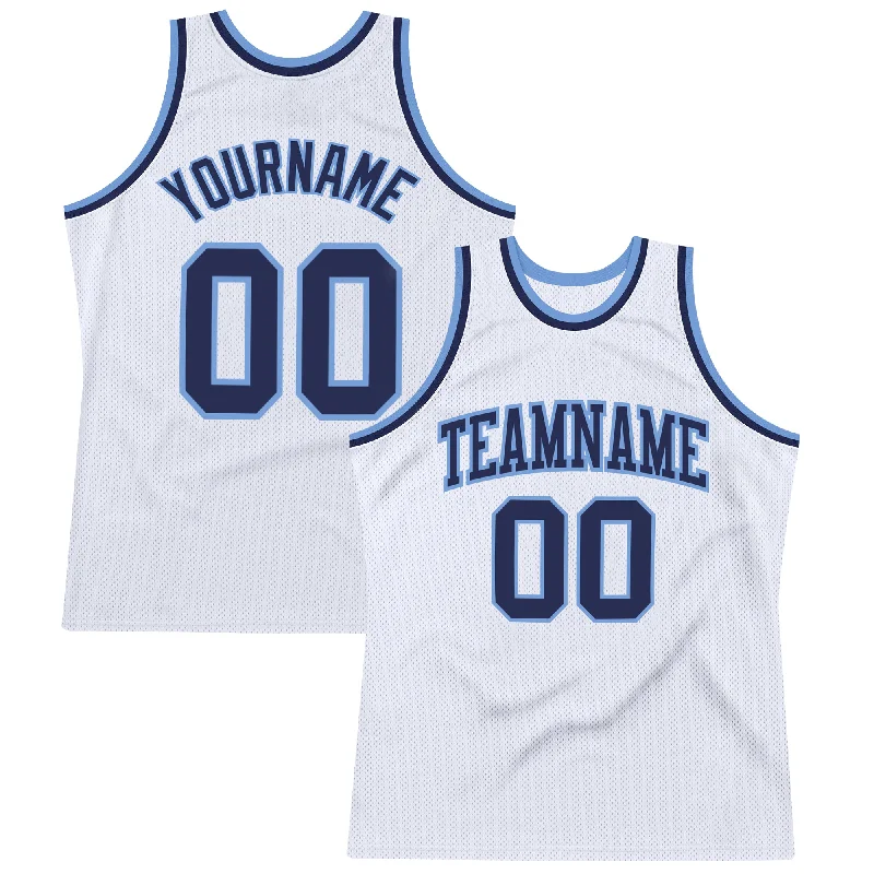 Basketball Jersey With Championship Edition-Custom White Navy-Light Blue Authentic Throwback Basketball Jersey