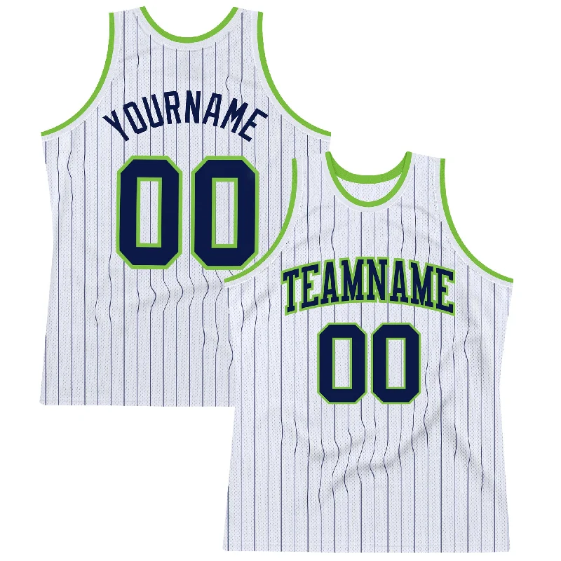 Basketball Jersey With Mesh Panels-Custom White Navy Pinstripe Navy-Neon Green Authentic Basketball Jersey