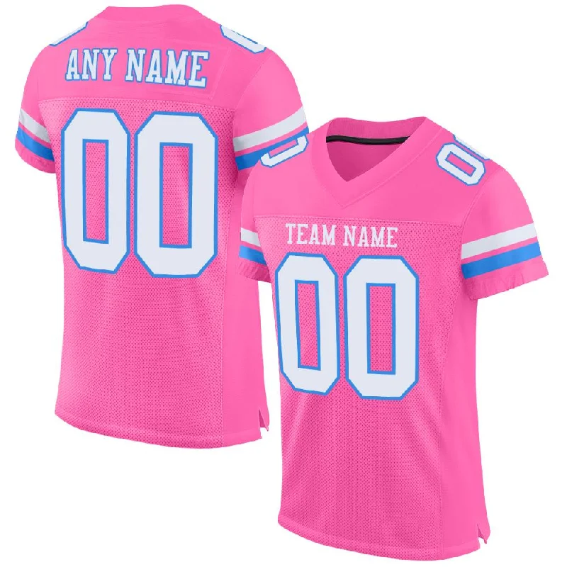 Football Jersey With Patches-Custom Pink White-Powder Blue Mesh Authentic Football Jersey