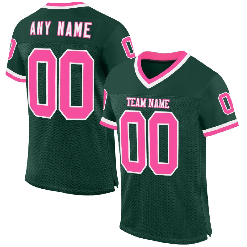 Football Jersey With Zip Closure-Custom Green Pink-White Mesh Authentic Throwback Football Jersey