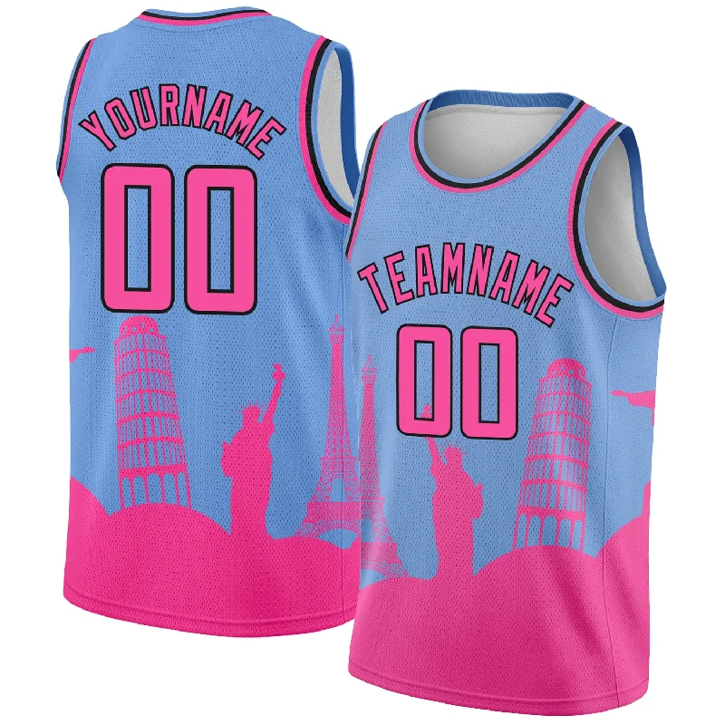 Basketball Jersey With Wrinkle-Free Design-Custom Light Blue Pink-Black Holiday Travel Monuments Silhouette Authentic City Edition Basketball Jersey